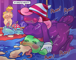ambiguous_penetration areola balls bangs big_balls big_breasts big_butt big_penis blonde_hair blue_body blush blush_lines blush_stickers bodily_fluids breasts bubble_butt butt clothing crown cum cum_from_mouth cum_in_mouth cum_inside cum_through cumshot dialogue drooling ear_piercing ear_ring ejaculation eyelashes fake_cat_ears fake_ears fake_rabbit_ears featureless_breasts female female_penetrated genital_fluids genitals ghost_tail glistening_eyelids gloves green_body group gynomorph gynomorph/female gynomorph_penetrating gynomorph_penetrating_female hair handwear hat headgear headwear huge_breasts huge_penis intersex intersex/female intersex_penetrating intersex_penetrating_female interspecies legless lips long_eyelashes long_hair motion_lines not_furry penetration penile penile_penetration penis piercing pink_hair purple_body purple_skin ring_piercing saliva sex simple_background speech_bubble sweat text thick_thighs tongue tongue_out white_clothing white_gloves white_handwear wide_hips witch_hat yellow_lips tmogumi mario_bros nintendo paper_mario paper_mario:_the_thousand_year_door bombette lady_bow lahla_(mario) peeka_(mario) princess_peach vivian_(mario) bob-omb boo_(mario) ghost human humanoid mammal shadow_siren sphere_creature spirit 2026 english_text hi_res trans_(lore) trans_woman_(lore)