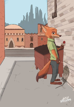 alley animal_genitalia animal_penis anthro bodily_fluids canine_genitalia canine_penis city dumpster flaccid food genital_fluids genitals holding_own_penis holding_own_sheath holding_sheath looking_at_viewer male male_peeing pawpsicle peeing penis penis_tip popsicle public public_urination puddle sahara_square sheath skyline solo urine urine_stream wild_strokes disney zootopia nick_wilde canid canine fox mammal hi_res