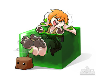 bound bracelet breasts cleavage clothed clothing cube_(object) feet female foot_fetish foot_focus fur hair jewelry laugh leaf logo long_ears motion_lines mr._stumpy orange_hair pawpads shirt short_hair text tickle_torture tickling toe_restraints topwear tree_stump white_body white_fur wind mrvalentim freedom_planet galaxytrail milla_basset canid canine canis mammal colored english_text hi_res signature
