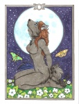 anthro art_nouveau biped blue_eyes breasts choker circle ear_piercing female flower jewelry kneeling looking_at_viewer moon necklace night nipples nude outside piercing plant sky solo star starry_sky tail luthien_nightwolf eclipse_silverwolf ambient_arthropod ambient_insect ambient_moth arthropod canid canine canis insect lepidopteran luna_moth mammal moth polyphemus_moth saturniid wolf 2010 traditional_media_(artwork)