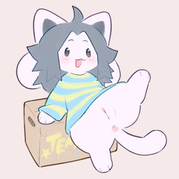 ahoge anthro anus biped bottomless box cardboard cardboard_box cat_tail clitoral_hood clothed clothed_anthro clothed_female clothing container digitigrade female female_anthro front_view fur genitals grey_hair hair innie_vulva looking_at_viewer medium_hair monotone_body monotone_fur monotone_hair multi_ear noseless one_leg_up open_mouth raised_leg simple_background solo straight_hair tan_background vulva white_body white_fur kit_(artist) undertale undertale_(series) temmie_(undertale) felid feline mammal 1:1 2026 digital_drawing_(artwork) digital_media_(artwork) flat_colors hi_res