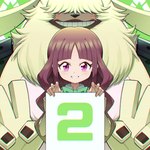 ambiguous_gender anthro brown_hair duo female fur gesture grin hair hair_over_eyes hand_gesture lime_fur looking_at_viewer size_difference smile v_sign yellow_body yellow_fur bbb_(pixiv) bandai_namco digimon digimon_ghost_game angoramon_(ghost_game) ruri_tsukiyono angoramon digimon_(species) human mammal 1:1 colored hi_res shaded