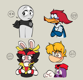 4_fingers anthro arms_bent bald beak big_nose black_clothing black_dress black_hair black_kerchief black_neckerchief blonde_hair blue_body blue_feathers blush blush_lines blushing_profusely bodily_fluids brown_eyes closed_beak closed_frown closed_smile clothed clothed_anthro clothed_female clothed_humanoid clothed_male clothing conjoined_eyes crossed_arms crying dress ear_ribbon expressions eyebrow_through_hair eyebrows eyelashes facial_markings feather_hair feathers female female_anthro fingers floating_head frown green_eyes grey_body grey_eyes grey_skin group hair head_markings hoodie kerchief light long_ears male male_anthro markings mitten_hands mole_(marking) motion_lines mouth_closed neckerchief neckwear noseless orange_beak orange_eyes pseudo_hair purple_clothing purple_hoodie purple_topwear red_clothing red_eyebrows red_hair red_shirt red_topwear red_wristband sharp_teeth shirt short_hair simple_background smile sweat tan_background tan_body tan_inner_ear tan_skin tears teeth thick_eyebrows thin_eyebrows topwear translucent translucent_hair white_markings yellow_ribbon queenly-owl raving_rabbids rayman_(series) rock_hard_gladiators the_woody_woodpecker_show ubisoft universal_studios arzon_(hanifanims) fan_character kanya_(mario_plus_rabbids) rayman woody_woodpecker avian bird circlehead humanoid lagomorph mammal picid rabbid raypeople_(rayman) woodpecker 2024 colored crossover digital_drawing_(artwork) digital_media_(artwork) english_description hi_res lighting