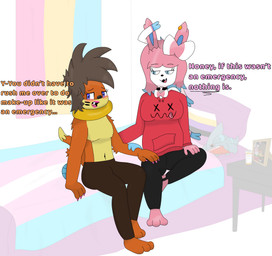 ambiguous_gender anthro bed blush colored_nails duo female furniture gender_confusion lipstick makeup male nails pride_color_flag shirtless_anthro text hupla21 ikea nintendo pokemon blahaj fang_(hupla21) pixie_(hupla21) buizel eeveelution generation_4_pokemon generation_6_pokemon gible pokemon_(species) sylveon absurd_res english_text hi_res