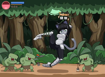 ambiguous_gender anthro armor axe black_hair bottomwear breasts button_prompt clenched_teeth clothing female forest gameplay_mechanics green_eyes grey_body group hair holding_axe holding_melee_weapon holding_object holding_polearm holding_sling holding_spear holding_weapon jungle loincloth melee_weapon outside plant polearm sling_(weapon) spear stone_axe struggling tail teeth trapped tree tribal user_interface vines weapon potatobud3 domestic_cat felid feline felis lizard mammal reptile scalie hi_res