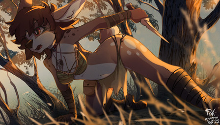 5_fingers anthro breasts brown_eyes brown_hair clothed clothing day detailed_background female fingers forest grass hair navel outside plant solo tree tribal tribal_clothing foxinshadow laila_(hoofen) deer mammal 2022 digital_media_(artwork) hi_res