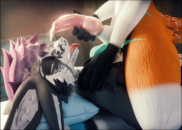 animal_genitalia animal_penis anthro balls bedroom black_body black_fur blue_markings bodily_fluids body_writing canine_genitalia canine_penis cheek_tuft cum cum_drip cum_in_hair cum_in_mouth cum_inside cum_on_face cum_on_penis degradation degradation_kink degradation_text dripping duo erection facial_tuft fur genital_fluids genitals hair inner_ear_fluff knot looking_pleasured makeup male male/male markings mascara multicolored_body nude open_mouth oral orange_body orange_fur penetration penile penis purple_hair running_makeup running_mascara sex simple_background sitting sitting_on_another smile submissive tail text tongue tuft white_body white_fur lill_esp abiboi_(modeler) lill_espion meiru_deuzear canid canine deuzear fox mammal rexouium 3d_(artwork) absurd_res digital_media_(artwork) hi_res