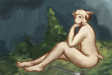 anthro cloud dark_clouds ears_down electricity feet grass horn humanoid_feet lightning lightning_bolt looking_at_viewer male melee_weapon nude nude_anthro nude_male outside pivoted_ears plant plantigrade sitting sitting_on_ground solo sword tail tree weapon reynard_goodfellow reynard_the_baa bovid caprine mammal sheep hi_res