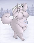 anthro belly belly_overhang big_belly big_breasts breasts deep_navel fang_necklace featureless_breasts female navel overweight overweight_anthro overweight_female slightly_chubby snow solo thick_thighs wide_hips bigladydragon arctic_wolf canid canine canis mammal wolf hi_res