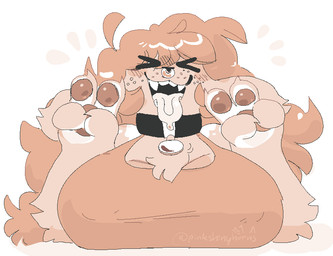 anthro arm_tuft big_breasts breasts chest_tuft claws clothing collar collar_tag cowlick elbow_tuft eyes_closed facial_piercing female floppy_ears freckled_face freckles gesture hair hand_gesture huge_breasts nipple_outline nose_piercing nose_ring open_mouth pawpads paws piercing ring_piercing shirt solo teeth tongue tongue_out topwear tuft v_sign pinkshinyhorns canid canine canis domestic_dog mammal 2025 half-length_portrait portrait signature