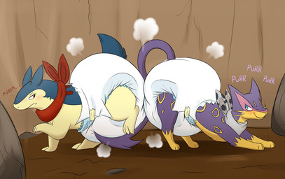 3_fingers 3_toes ambiguous_gender big_diaper blue_body blue_fur blue_tail blush butt_bump cave clothed clothing cloud_emanata detailed_background diaper diaper_bump diaper_puff duo ellipsis emanata facial_markings feet feral fingers fluffy fluffy_tail frown fur gloves_(marking) grey_kerchief grey_neckerchief grope groping_diaper groping_from_behind head_markings kerchief leg_markings leopard_spots long_tail looking_at_another looking_at_partner looking_back looking_back_at_another looking_back_at_partner markings multicolored_body multicolored_fur narrowed_eyes neckerchief neckwear pattern_kerchief pattern_neckerchief pink_body pink_fur purple_body purple_fur purring red_kerchief red_neckerchief rock side_view smile socks_(marking) spots spotted_kerchief spotted_neckerchief tail toes two_tone_body two_tone_fur vowelless vowelless_vocalization wearing_diaper whiskers white_diaper yellow_body yellow_fur yellow_whiskers fang29 nintendo pokemon pokemon_mystery_dungeon spike_chunsoft farfel_(kurikia) kallos_(fang29) generation_2_pokemon generation_5_pokemon liepard pokemon_(species) typhlosion 2023 absurd_res hi_res