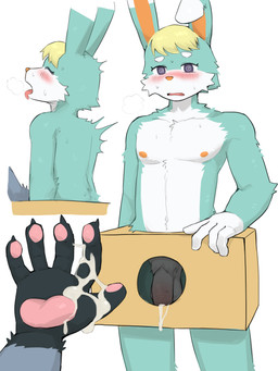 anthro anthro_on_anthro anthro_pov bodily_fluids box cardboard cardboard_box container cum cum_on_hand cumshot dipstick_ears duo ear_markings ejaculation first_person_view fur genital_fluids genitals handjob in_box in_container male male/male male_anthro male_pov markings multicolored_ears nipples nude nude_anthro nude_male open_mouth orange_inner_ear orange_nipples orange_nose penile penis sex spiral spiral_eyes teal_body teal_fur roo310 animal_crossing nintendo raymond_(animal_crossing) sasha_(animal_crossing) felid feline lagomorph leporid mammal rabbit absurd_res hi_res