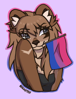 anthro bisexual_pride_colors black_clothing black_topwear black_tube_top blue_eyes brown_body brown_fur brown_nose clothing ear_tuft female flag flag_(object) flag_in_mouth fur hair holding_flag holding_object inner_ear_fluff lgbt_pride markings messy_hair mole_(marking) multicolored_body multicolored_fur orange_body orange_fur orange_hair pride_colors snaggle_tooth solo topwear tube_top tuft white_inner_ear_fluff berketex emma_(berketex) canid canine dhole mammal bust_portrait hi_res portrait