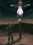 anthro blood bodily_fluids crucifixion duo humor impalement male melee_weapon polearm spear weapon comradebodko big_chungus konami looney_tunes metal_gear warner_brothers bugs_bunny solid_snake human lagomorph leporid mammal rabbit meme