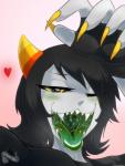 5_fingers black_hair blush claws clothing fangs female fingers gloves hair handwear heart_symbol horn imminent_vore looking_at_viewer mouth_shot not_furry one_eye_closed open_mouth sharp_teeth simple_background solo teeth tongue uvula wink memento~mori homestuck ms_paint_adventures nepeta_leijon alien alien_humanoid horned_humanoid humanoid troll_(homestuck) hi_res