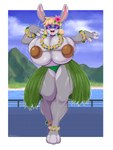 anthro big_breasts blonde_hair breasts clothing coconut_bra female grass_skirt hair huge_breasts solo thick_thighs mehdrawings tea_(teabunni) lagomorph leporid mammal rabbit 3:4 absurd_res hi_res