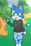 4_fingers anthro black_clothing black_hoodie black_nose black_topwear blue_body blue_fur blue_hair blurred_background bottomless buckteeth clothed clothing day featureless_crotch fingers fur grass hair hoodie hoodie_only male multicolored_body multicolored_fur open_mouth open_smile outside pawpads pink_pawpads pink_tongue plant raised_tail smile solo standing striped_body striped_fur stripes tail teeth three-quarter_view tongue topwear topwear_only tree white_body white_fur yellow_sclera anthonyazxmn animal_crossing nintendo moe_(animal_crossing) domestic_cat felid feline felis mammal 2020 aliasing artist_name digital_media_(artwork) full-length_portrait portrait watermark