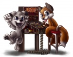 anthro blue_eyes duo furniture gesture hand_gesture height_assist high_score male open_mouth pinball pinball_machine sitting stool tail ticket tongue v_sign winner young young_anthro silverfox5213 silverfox5213_(character) canid canine canis dalmatian domestic_dog fox mammal red_fox true_fox 2010