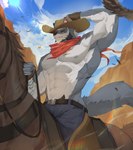 abs anthro barazoku biceps big_muscles biped blue_body blue_fur countershade_fur countershading cowboy fur huge_muscles jewelry looking_at_viewer male muscular muscular_anthro muscular_male necklace nipples pecs red_eyes riding_horse shirtless_anthro shirtless_male solo white_body white_countershading white_fur otherrb2 canid canine canis equid equine horse mammal wolf 2024 absurd_res hi_res