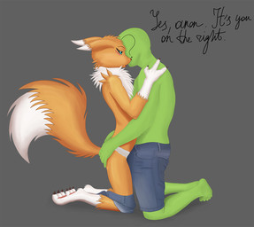 3_fingers ?_face anthro black_sclera blue_eyes clothing digiphilia duo female fingers fur interspecies male neck_tuft simple_background text tuft white_body white_fur yellow_body yellow_fur normanfoxlee bandai_namco digimon anon canid canine digimon_(species) human mammal renamon english_text hi_res
