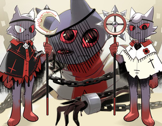 3_eyes anthro barefoot black_clothing black_topwear chain clothing feet group holding_object holding_staff looking_at_viewer male multi_eye red_sclera serious shackled_wrists staff topwear trio white_clothing white_topwear 2_3up cult_of_the_lamb massive_monster_(studio) aym_(cult_of_the_lamb) baal_(cult_of_the_lamb) the_one_who_waits domestic_cat felid feline felis mammal 2026 absurd_res hi_res japanese_description