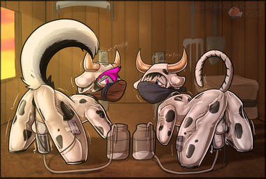 all_fours anal anal_penetration animal_print anthro arms_tied backsack balls barn bdsm bitchsuit black_body black_fur black_hair black_outline blue_eyes blush bodily_fluids bondage bondage_gear bound chicken-wing_tied cow_print cum cum_collecting duo exclamation_point eye_contact frogtied fur genital_fluids genitals grey_body grey_fur hair horn humanoid_genitalia humanoid_penis legs_tied looking_at_another male male_penetrated markings muffled muzzle_(object) muzzled outline penetration penile penis penis_milking pink_eyes pink_hair pitchfork raised_tail sex_toy shaking shovel sound_effects striped_markings striped_tail stripes submissive submissive_male tail tail_markings text tools trembling vibrator vowelless vowelless_vocalization white_body white_fur stripedcrocodile vaurien felid hybrid mammal pantherine tiger 2020 digital_media_(artwork) english_text full-length_portrait portrait signature watermark