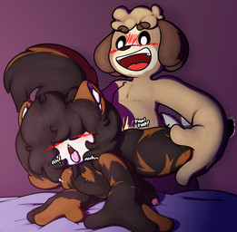 ahegao anal anal_penetration anthro blush bodily_fluids covered_eyes drooling duo fur genital_fluids looking_pleasured male male/male multicolored_body multicolored_fur penetration precum saliva thick_thighs rabblet animal_crossing nintendo digby_(animal_crossing) calico_cat canid canine canis domestic_cat domestic_dog felid feline felis mammal shih_tzu toy_dog hi_res