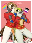 anthro asexual_pride_colors blush bodily_fluids bottomless bottomless_female bottomless_male caption clothed clothing duo female genital_fluids genitals hug labia_minora lgbt_pride male marching_band_uniform pansexual_pride_colors penis precum pride_colors pussy size_difference text uniform fish_birb dennis_(fish_birb) sarah_(fish_birb) accipitrid accipitriform apodiform avian bird buteo chickenhawk hummingbird red-tailed_hawk hi_res