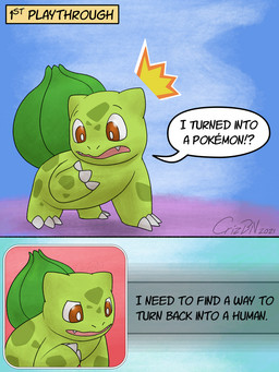 3_claws abstract_background after_transformation ambiguous_gender brown_eyes claws dialogue feral looking_at_self markings quadruped simple_background solo speech_bubble spots spotted_markings surprised text thinking verbal_reaction_to_tf crizbn nintendo pokemon pokemon_mystery_dungeon spike_chunsoft bulbasaur generation_1_pokemon pokemon_(species) scalie shiny_pokemon 2021 3:4 comic english_text watermark