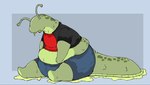 anthro belly clothed clothing eyestalks green_body green_skin implied_transformation male obese obese_anthro obese_male open_mouth overweight overweight_anthro overweight_male sitting slime solo tail thick_tail tight_clothing weight_gain heifer_(artist) gastropod mollusk slug hi_res