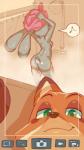 2016 9:16 anthro breasts butt camera_view canid canine chung-sae disney duo female fox green_eyes hi_res judy_hopps lagomorph leporid looking_at_another male mammal musical_note nick_wilde nude peeping rabbit rear_view selfie shower side_boob smile solo_focus towel towel_on_head wet zootopia