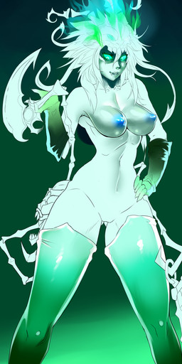 areola armwear blue_nipples bone breasts butt butt_from_the_front clothed clothing crossgender curvy_figure fangs featureless_crotch female glowing glowing_eyes green_eyes hair hand_on_hip hourglass_figure lamp lantern legwear melee_weapon navel nipples not_furry partially_clothed polearm scythe simple_background skull small_waist smile solo standing stockings teeth thigh_highs weapon wide_hipped_female wide_hipped_humanoid wide_hips signhereplease league_of_legends riot_games tencent thresh ghost humanoid spirit undead 2016 absurd_res hi_res