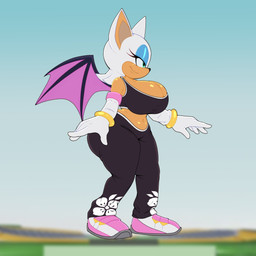 anthro armwear bat_wings big_breasts black_bottomwear black_clothing black_nose black_pants black_topwear blue_eyeshadow bottomwear bracelet breasts cleavage clothed clothing elbow_gloves eyelashes eyeshadow female footwear fur gloves green_eyes handwear jewelry makeup membrane_(anatomy) membranous_wings navel pants pink_clothing pink_footwear pink_shoes purple_wings shoes side_view smile solo thick_thighs topwear white_body white_clothing white_fur white_gloves white_handwear wide_hips wings 1lastshadow1 sega sonic_riders sonic_the_hedgehog_(series) rouge_the_bat bat mammal hi_res