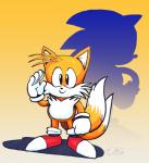 antenna_hair anthro black_eyes black_nose cheek_tuft clothing duality duo facial_tuft featureless_chest featureless_crotch footwear front_view gloves gradient_background hair handwear male mostly_nude shoes silhouette simple_background smile solo_focus tuft thewill classic_sonic_(universe) sega sonic_the_hedgehog_(series) classic_tails miles_prower sonic_the_hedgehog canid canine fox mammal digital_media_(artwork) full-length_portrait portrait signature