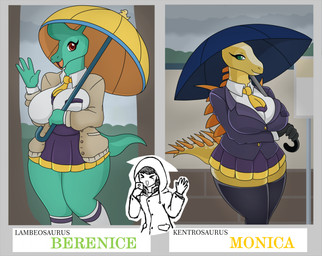 4_fingers anthro big_breasts black_clothing black_legwear black_thigh_highs bottomwear breasts brown_clothing brown_jacket brown_topwear cellphone clothed clothed_anthro clothed_female clothed_human clothed_male clothing cloud cloudy_sky curvy_figure duo electronics eyelashes eyes_closed female female_anthro fingers footwear fully_clothed fully_clothed_anthro fully_clothed_female green_body green_eyes holding_cellphone holding_object holding_phone holding_umbrella jacket legwear light looking_at_viewer male necktie non-mammal_breasts open_clothing open_jacket open_mouth open_smile open_topwear orange_spikes outside phone pockets purple_bottomwear purple_clothing purple_skirt purple_suit red_eyes school_uniform shirt skirt sky smile smiling_at_viewer socks spiked_tail spikes spikes_(anatomy) standing suit tail teal_body teal_skin teal_tail text thick_thighs thigh_highs topwear umbrella uniform white_clothing white_dress_shirt white_footwear white_raincoat white_socks yellow_body yellow_necktie yellow_tail urusee584 berenice_(urusee584) cam_(urusee584) monica_(urusee584) dinosaur hadrosaurid human kentrosaurus lambeosaurus mammal ornithischian ornithopod prehistoric_species reptile scalie stegosaurian thyreophoran 2021 character_name colored digital_drawing_(artwork) digital_media_(artwork) english_description hi_res lighting