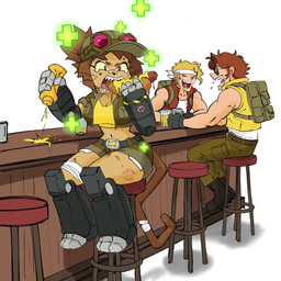 alcohol anthro backpack band-aid bandage bandaged_leg bandaged_tail bar beer beer_mug belt beverage big_breasts biped bite_mark blonde_hair bodily_fluids boots bottomwear breasts brown_hair brown_tail bruised bullet camo camo_clothing camo_print clothing crop_top eating erect_tail eyebrows eyelashes eyewear eyewear_on_head fangs female food footwear fur gloves goggles goggles_on_head green_clothing group hair hair_bun handwear hat headgear headwear healing hot_dog kerchief laugh machine male mechanical_arm mechanical_leg motion_blur muscular mustard mustard_bottle navel open_mouth pain pattern_clothing plus_sign pockets red_eyes sharp_teeth shirt shoes shorts simple_background sitting smile sunglasses tail tan_body tan_fur teardrop tears teeth thick_thighs tongue topwear trio turret whiskers white_background wide_hips yellow_clothing yellow_shirt yellow_topwear rocknrm gameoverse glitch_productions metal_slug kit_bodega marco_rossi tarma_roving domestic_cat felid feline felis human mammal 1:1 2026 digital_drawing_(artwork) digital_media_(artwork) hi_res
