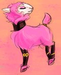 black_body cybernetics eyes_closed eyeshadow female feral fur gradient_background hooves machine makeup multicolored_body orange_background pink_body pink_fur sexbot simple_background solo standing white_body soulcentinel violetechoes candyfloss bovid caprine cyborg mammal sheep