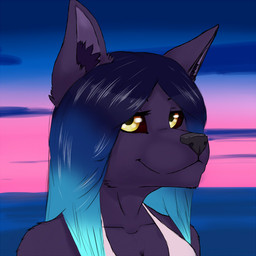 anthro black_sclera female fur hair looking_at_viewer outside pink_sky purple_body purple_fur sea sky smile solo sunset water yellow_eyes an_ancient shamhna canid canine canis domestic_dog mammal 1:1 2017 bust_portrait icon portrait