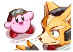 ambiguous_gender anthro armor black_nose blush brown_body brown_fur clothing duo fingerless_gloves fur gloves green_eyes handwear headgear helmet male open_mouth simple_background smile white_background kemo_nuko kirby_(series) nintendo star_fox fox_mccloud kirby alien canid canine fox mammal waddling_head