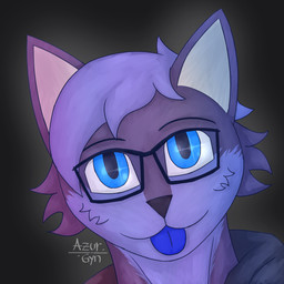 anthro blep blue_eyes clothing eyewear fur glasses hair hoodie male purple_body purple_fur purple_hair simple_background solo tongue tongue_out topwear azurgyn domestic_cat felid feline felis mammal digital_drawing_(artwork) digital_media_(artwork) hi_res icon portrait signature