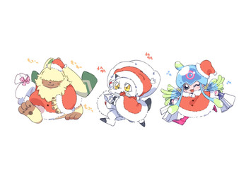 anthro christmas_clothing christmas_headwear clothing female fur group hair hair_over_eyes hat headgear headwear holidays horn long_ears male one_eye_closed ponytail_ears present_sack santa_hat tentacles trio white_body wink yellow_body yellow_eyes yellow_fur miim10140996 bandai_namco christmas digimon digimon_ghost_game angoramon digimon_(species) gammamon humanoid jellymon scalie hi_res
