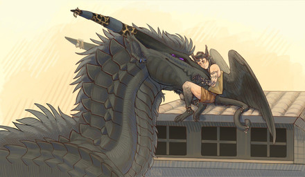 ambiguous_gender duo ear_piercing ear_ring eyes_closed feathered_wings feathers feral grey_body hug intersex intersex/male long_tail male muzzle_hug piercing purple_eyes ring_piercing size_difference tail wings saoren_foedo mythology dragon humanoid mythological_creature mythological_scalie scalie