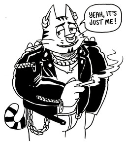 anthro chain cigarette clothing ear_piercing facial_piercing gold_(metal) gold_jewelry gold_necklace jacket jewelry leather leather_clothing leather_jacket leather_topwear male necklace nose_piercing piercing septum_piercing solo topwear zipper billy_fore marco_the_cat domestic_cat felid feline felis mammal hi_res monochrome