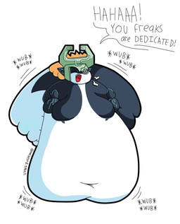 belly belly_overhang big_belly big_breasts big_butt black_body black_ears black_skin blue_body blue_markings blue_skin breasts butt dialogue eyes_closed female floating fused_shadow grey_helmet hair huge_belly huge_butt huge_thighs humanoid_pointy_ears hyper hyper_belly hyper_butt markings morbidly_obese morbidly_obese_female morbidly_obese_humanoid motion_lines multicolored_body navel not_furry obese obese_female obese_humanoid open_mouth open_smile orange_hair overweight overweight_female overweight_humanoid pointy_ears red_mouth red_tongue simple_background smile snaggle_tooth solo speech_bubble talking_to_viewer text thick_thighs three-quarter_view tongue two_tone_body weight_gain white_background hardestbigman nintendo the_legend_of_zelda twilight_princess midna humanoid imp twili 2026 artist_name cel_shading colored digital_media_(artwork) english_text hi_res shaded