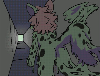 anthro brown_hair butt fur green_body hair kemono male markings orange_eyes purple_body purple_fur solo spots spotted_body spotted_fur young ikelos4444 changed_(video_game) felid goo_creature leopard mammal pantherine