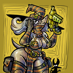 anthro armwear belt belt_buckle big_breasts black_clothing breasts buckle cleavage_cutout clothed clothing cutout detached_sleeves eyelashes female flowing_hair freckled_face freckles front_view glistening glistening_breasts glistening_clothing glistening_thighs grey_body grey_hair grey_tail gun hair hand_on_head harness hat hat_buckle headgear headwear holding_gun holding_object holding_ranged_weapon holding_weapon legwear long_hair looking_at_viewer magic_user multicolored_clothing non-mammal_breasts orange_clothing pattern_background pattern_clothing pointy_nose pouch_(clothing) pupils ranged_weapon shirt_collar simple_background skimpy small_waist solo standing striped_clothing stripes tail teeth thick_thighs thigh_highs two_tone_clothing weapon wide_hips witch witch_hat yellow_background zhmernalt familiar steamfalish_witch 1:1 hi_res