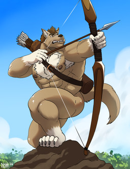5_fingers 5_toes abs anthro armpit_hair arrow_(weapon) black_nose body_hair bow_(weapon) brown_hair chest_hair fangs feet fingers fur gloves_(marking) hair hindpaw humanoid_hands male markings muscular muscular_anthro muscular_male nipples nude nude_anthro nude_male outdoor_nudity outside paws quiver_(object) ranged_weapon solo tail tan_body tan_fur teeth toes weapon shade_the_wolf canid canine canis mammal wolf 2026 hi_res