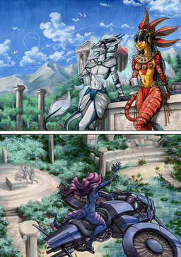 5_fingers 6_eyes aircraft anthro barbel_(anatomy) black_hair black_horn blue_clothing blue_eyes blue_skinsuit clothing detailed_background female fingers flesh_whiskers group hair horn male multi_eye outside purple_eyes purple_hair purple_horn red_body skinsuit tight_clothing translucent translucent_wings trio vehicle white_body wings yellow_body ewgengster european_mythology mythology malthaeos_(malthaeos) sylia zyanya_(malthaeos) aquatic dragon eastern_dragon fish lionfish mythological_creature mythological_scalie perciform scalie scorpaenoid western_dragon wingless_dragon 2025 absurd_res comic hi_res traditional_media_(artwork)