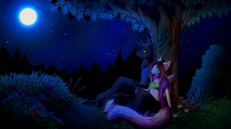 anthro black_body black_fur brown_hair clothing dark detailed_background duo female forest fur grass hair long_hair male moon nature night outside plant romantic romantic_ambiance romantic_couple shrub sitting sky star tail tree white_body white_fur neotheta neko_astrum deer domestic_cat felid feline felis mammal cool_colors dark_theme hi_res