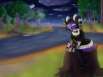 anthro clothing female foggy_background forest maid_uniform makeup night plant running_makeup sad shortstack shortstack_female solo somber tree tree_stump uniform dusks_smut_place nintendo pokemon fan_character generation_1_pokemon generation_5_pokemon generation_8_pokemon gothorita humanoid pokemon_(species) poliwag ursaluna 4:3 hi_res